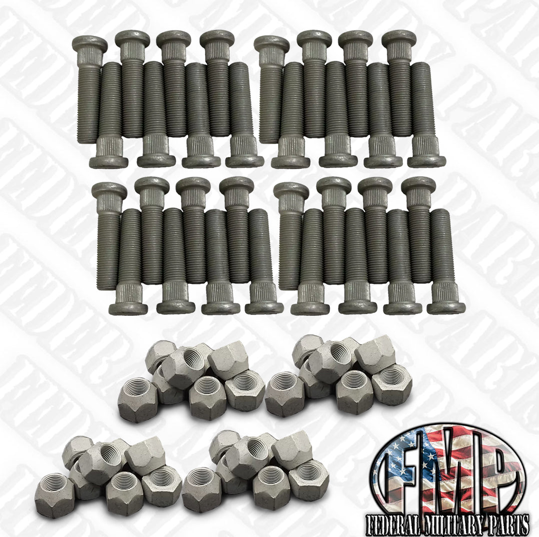 "Gear Hub" Mounting Wheel Stud Bolts + Tapered Lug Nuts for Military Tires including Humvee Tires Wheels Rims M1101 M1102